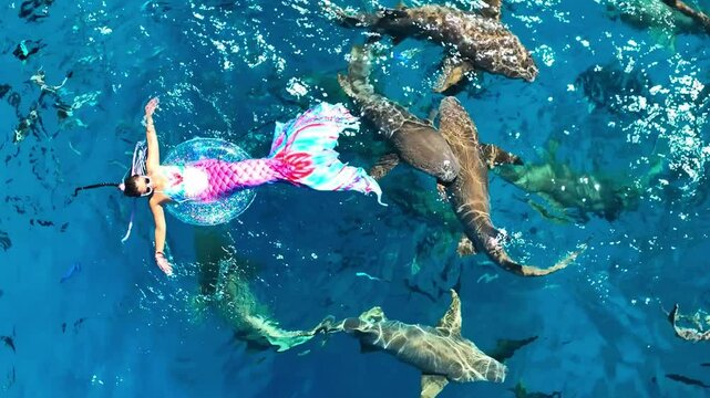  Young woman mermaid tail happy and relaxation of swim ring on the sea ocean with Nurse shark