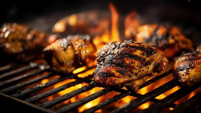 Grilled chicken thighs cooking over hot charcoal flames