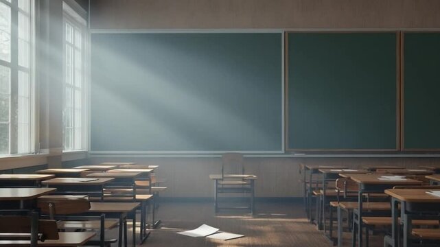 Sunlit Classroom: An empty classroom bathed in warm sunlight, revealing rows of desks, a chalkboard, and a single chair, evoking a sense of learning and anticipation. 