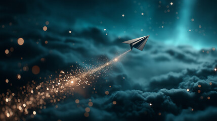 Paper Airplane Soaring Through a Dreamlike Teal Sky