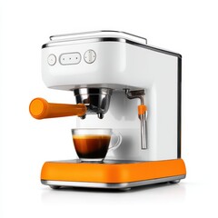 Espresso machine with cup of coffee on white background
