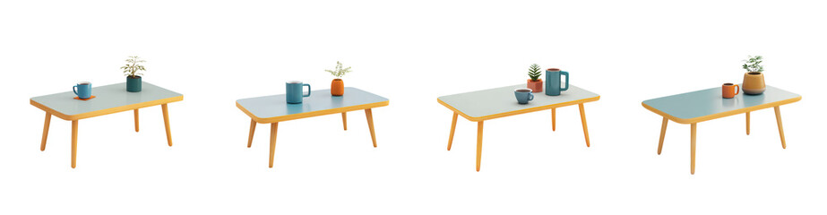 Four Stylish Coffee Tables Displayed with Plants and Mugs Perfect for Home Decor Inspiration