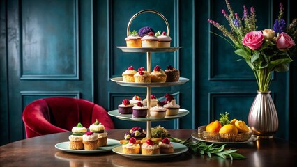 Fototapeta premium Elegant three-tiered dessert stand with an assortment of miniature cakes and pastries, displayed on a dark wood table beside a velvet chair and a vase of flowers