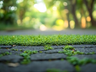 Naklejka premium Grassy path Textured stone walkway with green grass and blurred leafy background