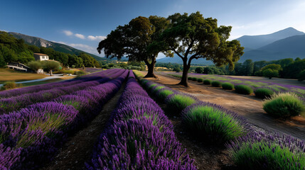 Aerial view of perfectly aligned lavender rows glowing in violet hues, kissed by the first light of dawn 