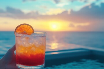 Enjoying a vibrant cocktail by the pool as the sun sets over the ocean on a perfect summer evening