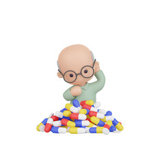 3DCG｜薬を飲み忘れてたくさんの残薬に囲まれている高齢の男性