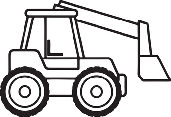 telehandler machine line art, black outline, vector and illustration, coloring book page line art drawing