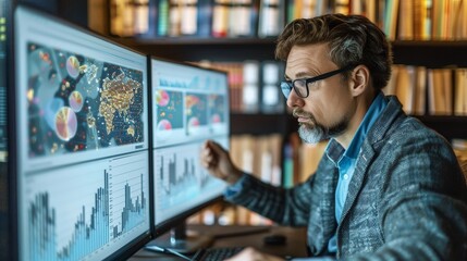 Programmer coding at home office with desktop, abstract data visuals, bookshelves, and blue light