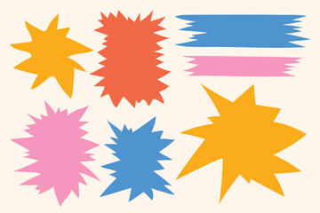 Colorful set of abstract shapes in comic style, dynamic collection of hand drawn place for text. Bright set of abstract shapes for dynamic design.