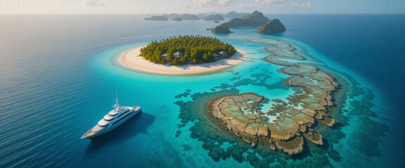 Fototapeta premium Stunning aerial view of a tropical island with a yacht in crystal clear waters