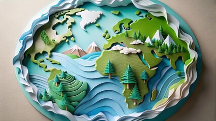Fototapeta premium A Detailed Paper Craft Depiction of a Lush Planet Earth, Showcasing Diverse Landscapes, Majestic Mountains, and Serene Oceans, Crafted with Intricate Detail and Vibrant Hues