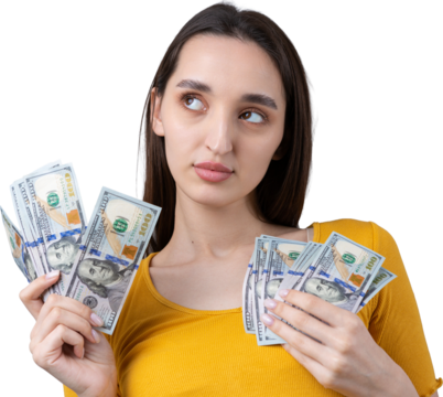 Photo of a wealthy woman in simple clothes holding a fan of dollar money isolated against a concrete wall background