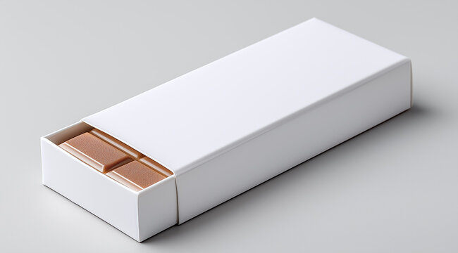3D render of a simple, blank white chocolate bar box on a grey background, top view.