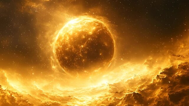 Glowing Galaxy with Orbiting Planet and Moon long title A captivating scene of a vast glowing galaxy with a massive cratered planet and a radiant