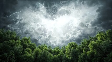 Fototapeta premium Dramatic Lightning Storm Over Forest Canopy lightning storm forest trees canopy nature weather dark