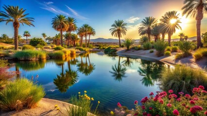 Fototapeta premium Serene Oasis Palm Trees Reflecting in a Calm Pond at Sunset, Illuminated by Golden Sunlight, Lush Greenery, Tranquil Water, Peaceful Landscape
