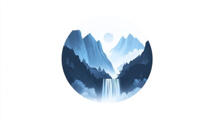 Obraz premium Serene mountain waterfall, misty valley, circle art, nature background, website banner
