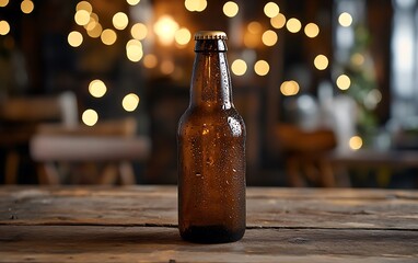 Chilled brown bottle on rustic wood with bokeh lights background