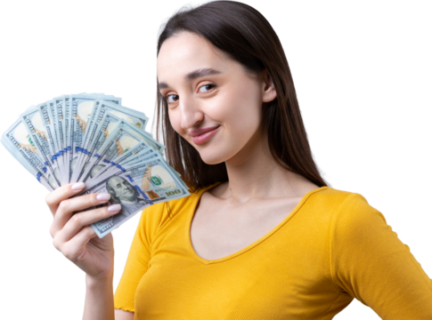 Photo of a wealthy woman in simple clothes holding a fan of dollar money isolated against a concrete wall background
