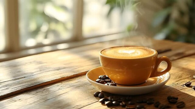 Steaming Cup of Espresso on Rustic Wooden Table with Coffee Beans