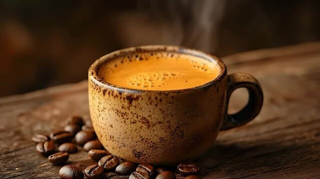 Steaming Espresso Cup on Rustic Wooden Table long title Freshly brewed steaming espresso in a ceramic cup placed on a rustic wooden table surrounded