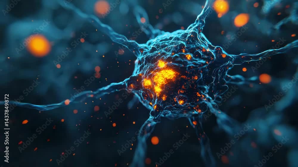 Poster microscopic neuron cell structure glowing with intense energy artistic 3d rendering