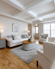 A large living room with light grey and white sofas, an oval coffee table in the center of the seating area, square wall art above the couch, wooden flooring with a grey rug under