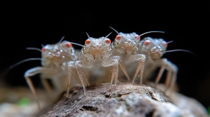Naklejka premium Three tiny, translucent insects on a log. Close-up view reveals intricate detail of their delicate bodies, legs, and prominent red eyes