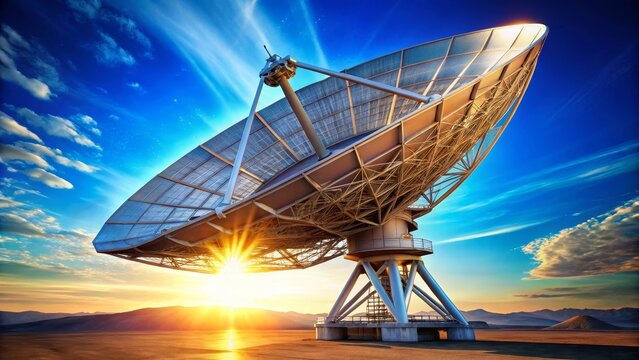 Giant parabolic antenna dish at sunset, a beacon of communication and exploration, reaching for distant signals across the vast expanse of the sky