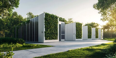 A modern, sleek data center with white buildings and vibrant green walls is nestled in the heart of a lush meadow, offering a striking contrast between technology and nature.