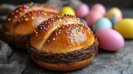 Sweet Easter bread rolls in nests, colorful eggs nearby
