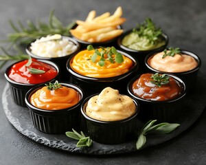 Assorted dips and fries on a slate platter