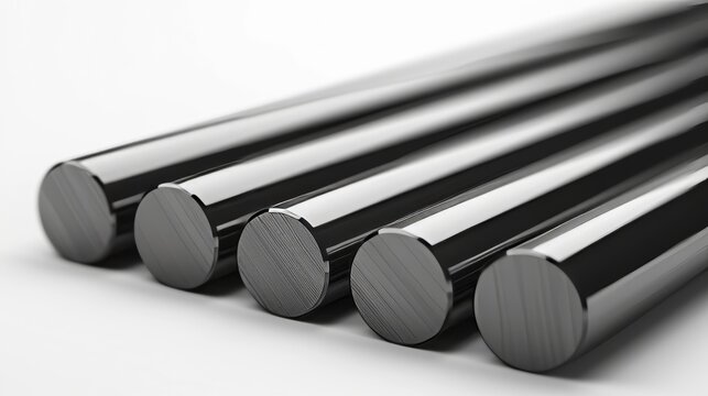 3d render of stainless steel round bars isolated on a white background for industrial use