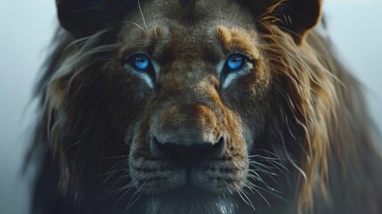 Naklejka premium Majestic Lion with Piercing Blue Eyes, a Portrait of Power and Majesty. Wildlife Photography