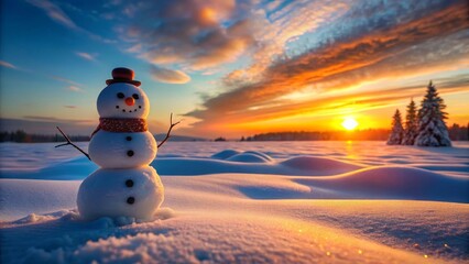 Fototapeta premium A cheerful snowman stands proudly in a snowy landscape, bathed in the warm glow of a vibrant sunset, a picturesque winter scene filled with tranquility and the magic of the season.