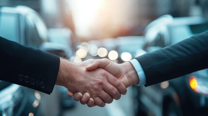 Businessmen handshaking after automotive deal, confirming partnership in dealership parking lot with professional satisfaction and mutual respect