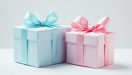 Obraz premium Subtle pastel gift boxes, light blue and pink, white background, background, pink
