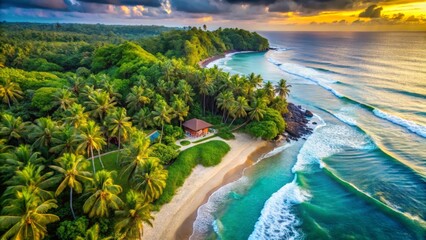 Secluded Tropical Beach House with Lush Greenery and Rolling Ocean Waves at Sunset