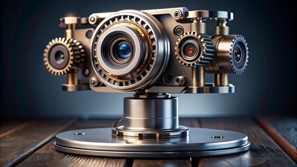 Fototapeta premium Intricate Mechanical Camera on a Wooden Surface, a Futuristic Vision of Photography