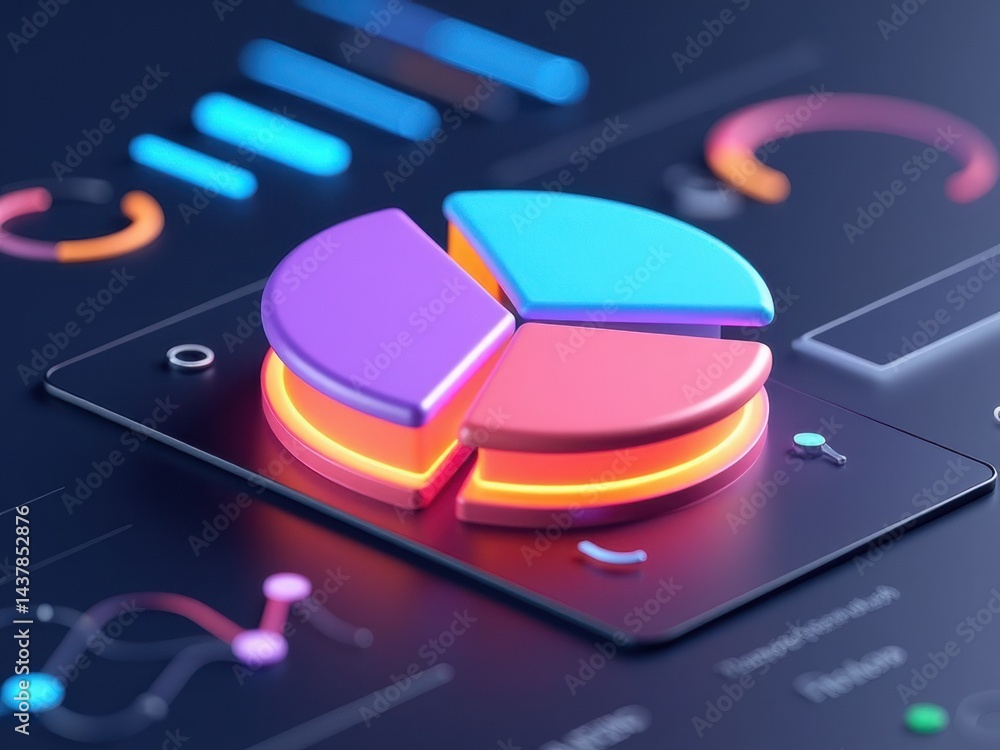 Poster a 3d icon of a pie chart with glowing segments in corporate colors, hovering over a sleek dashboard,