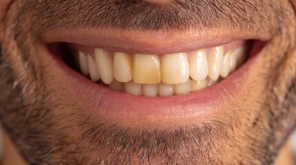 Close up of a smiling man revealing yellow teeth and gums, emphasizing dental health issues and the impact of poor oral hygiene on overall well being and confidence