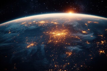 Fototapeta premium Planet Earth from space with illuminated city lights and glowing sunrise over the horizon