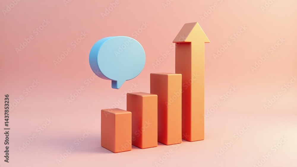 Poster a 3d icon with a speech bubble and rising arrow, symbolizing presentations, soft gradient background