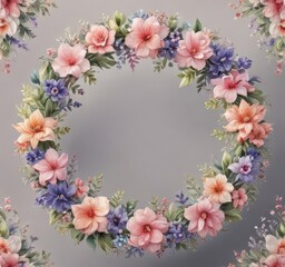 Intricate watercolor petal design, floral wreath , blue, bloom, intricate