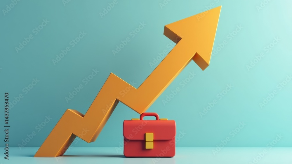 Poster a 3d icon of a rising stock arrow with a briefcase at the base, finance and success metaphor .