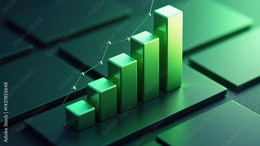 Aufkleber a dynamic 3d graph chart icon with rising bars in emerald green, floating above a dark interface, sy