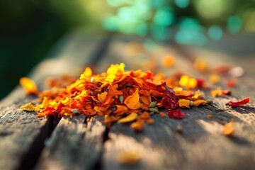 A vibrant mix of dried flower petals and spices rests on a rustic wooden surface, bathed in warm sunlight.