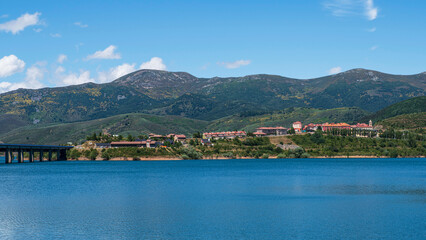 Town and mountain lake at Riano in Spain in the Picos de Europa Park