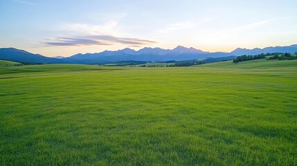 Fototapeta premium Vast Green Meadow Distant Mountains Scenic Landscape High-Resolution Wide Angle Shot Lush Grass Serenity at Sunset Peaceful Ranchland Calm Serene Tones Ideal for Travel Brochures